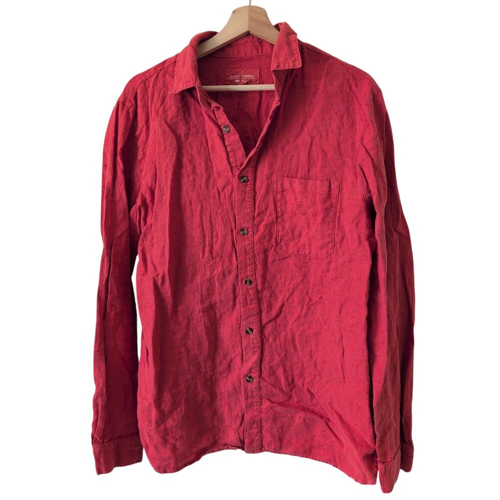 Sea‎ Salt Cornwall Button Down Linen Shirt Men's Medium - Orange Red Long Sleeve
